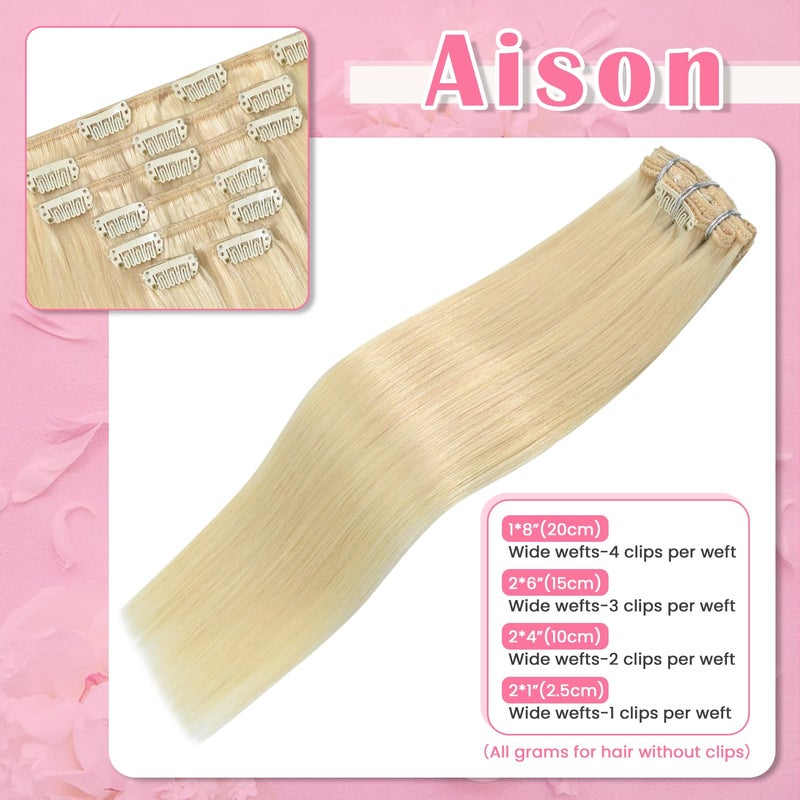 Aison Platinum Blonde Clip in Hair Extensions 70G 100% Remy Real Human Hair Soft Silky Straight 7pcs 16clips One Pack (20 Inch #60) - Image 3